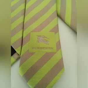 Burberry London Men's Lime-Yellow & Tan Striped Neck Tie 100% Silk